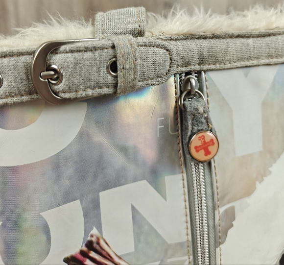 Fuzzy Nation Shoulder Bag Womens Dog Print Faux Fur Lined Double Handle Purse - Picture 13 of 14